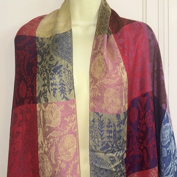 Large boho festival multi color block paisley shawl/wrap with fringe hem - Picture 2 of 5